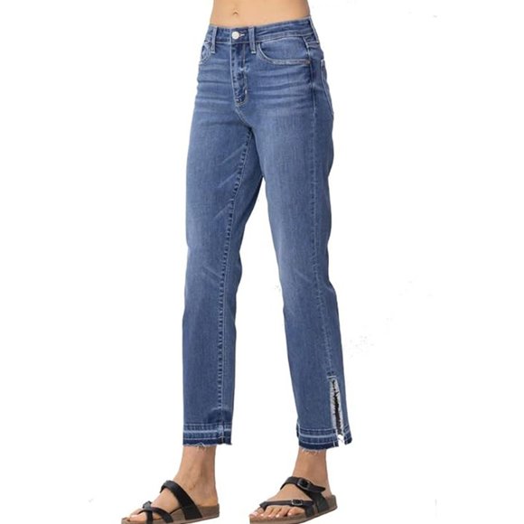 NWT Judy Blue High Waist Fray Side Slit Release Hem Straight Jeans Size 13